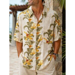 VTG Knightsbridge Hawaiian Floral Camp Shirt Rayon Beige Men's Large Tropical